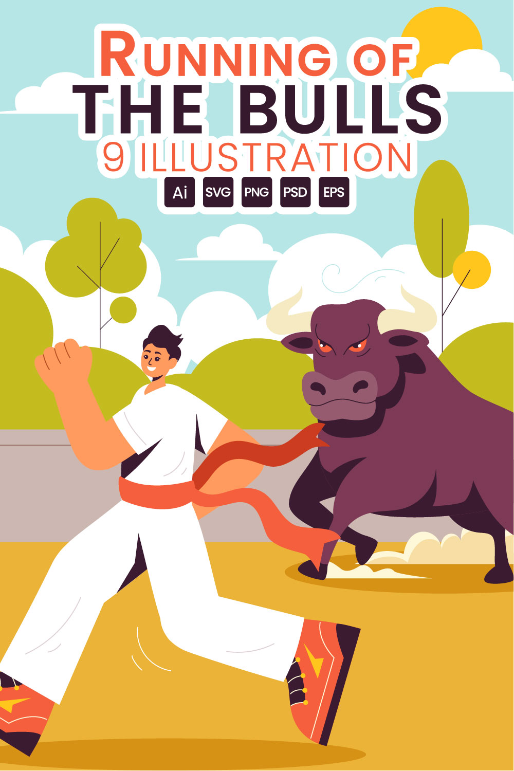 9 Running of the Bulls Illustration pinterest preview image.