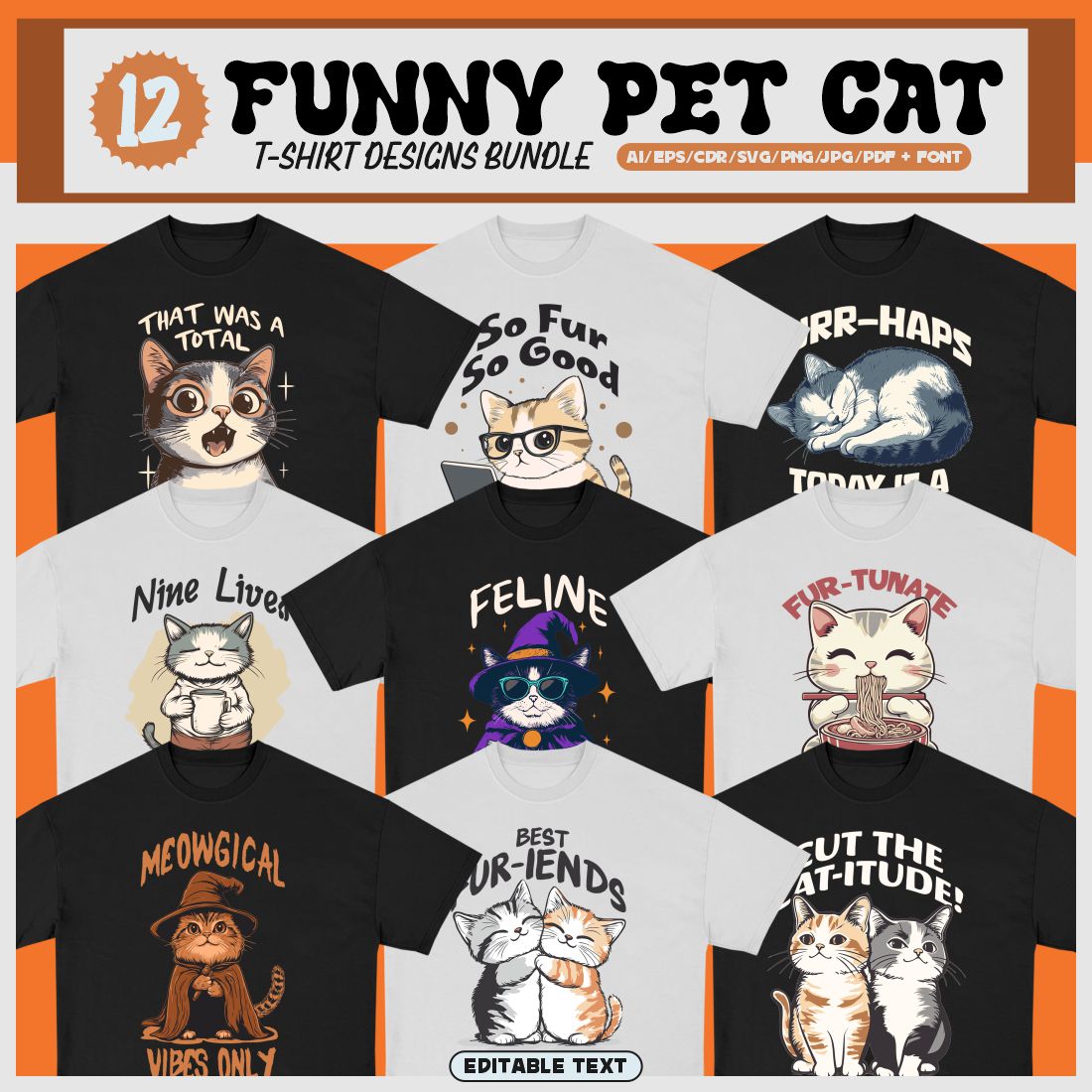 Funny Pet Cat T-shirt Designs Bundle cover image.