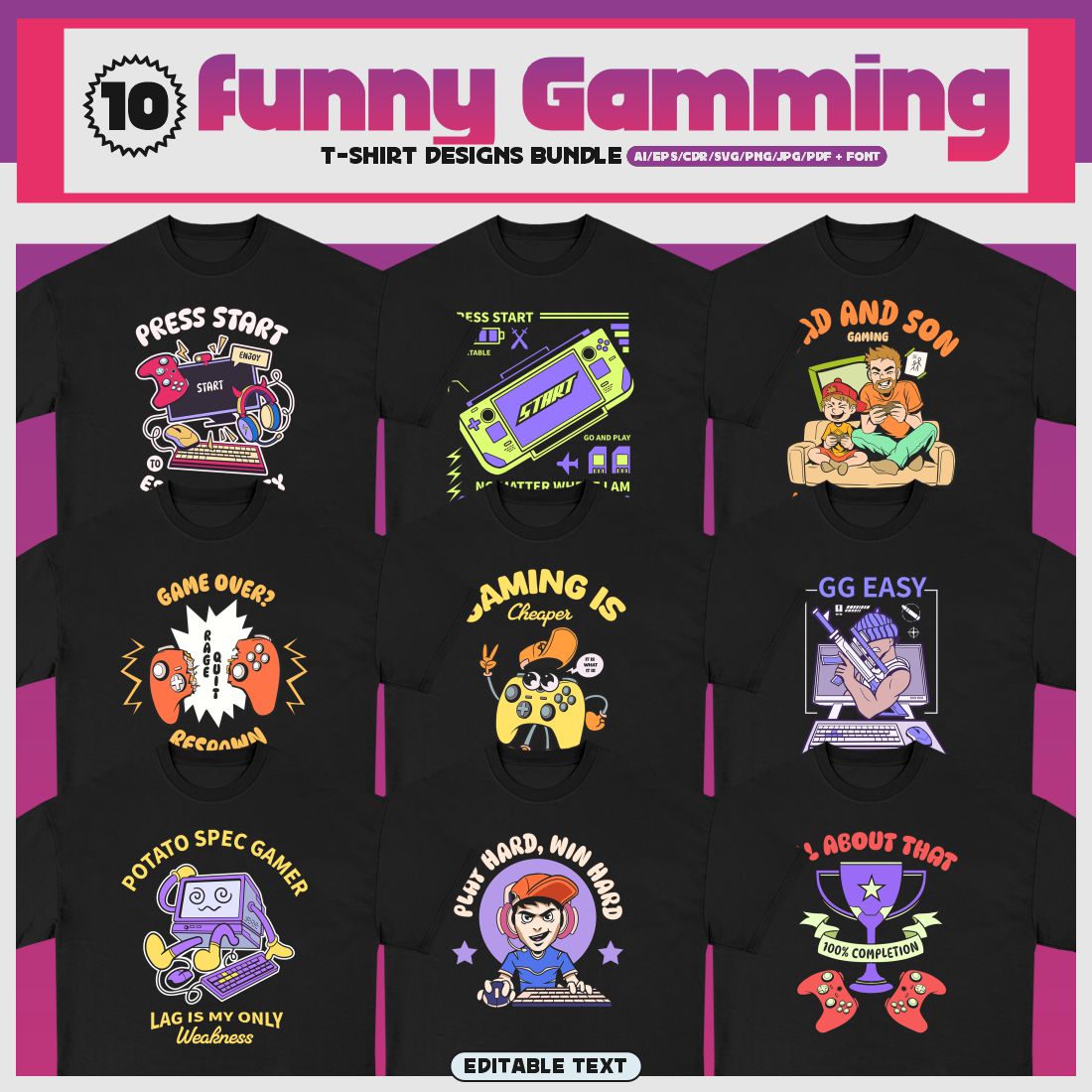 Funny Gaming T-shirt Designs Bundle cover image.