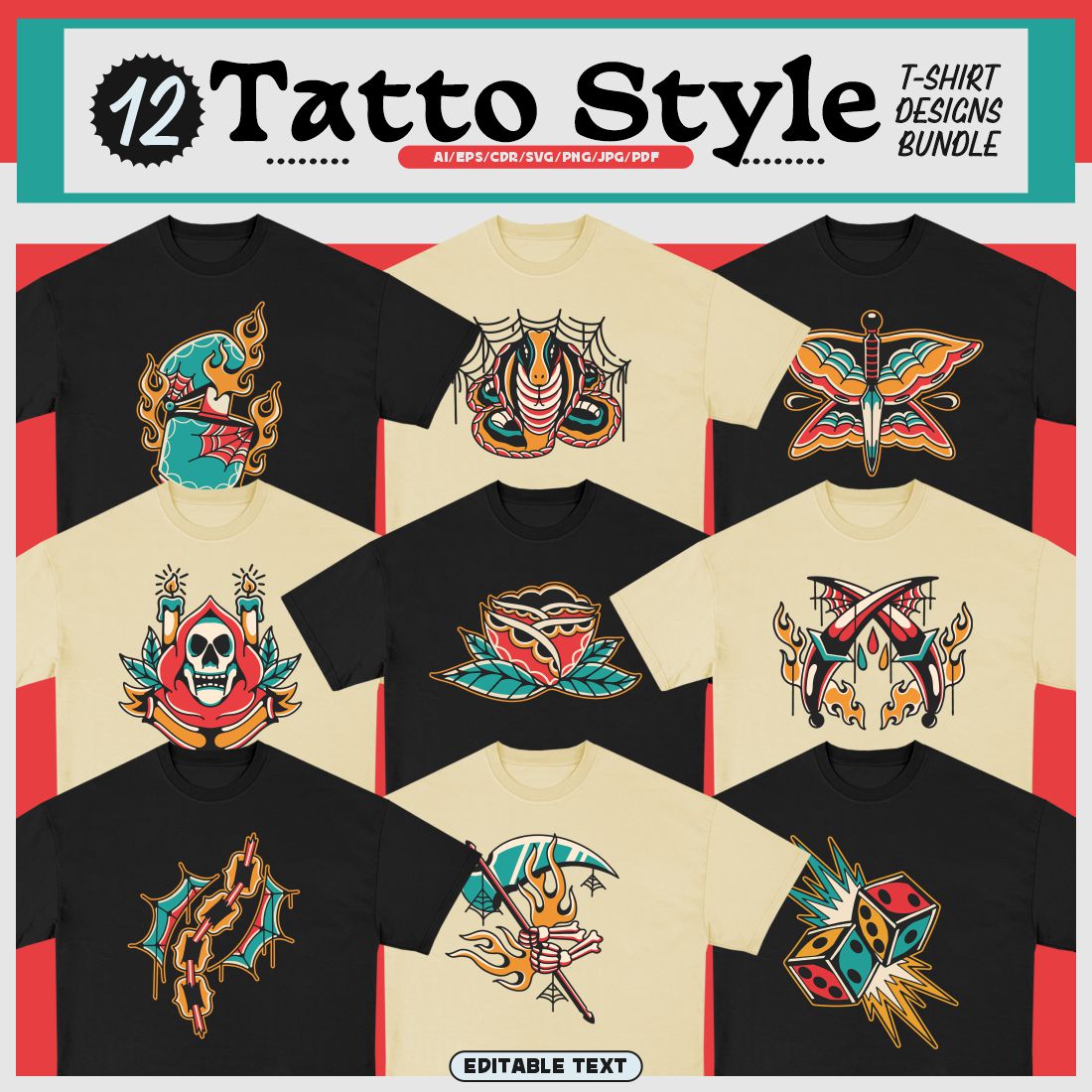 Tattoo Style T-shirt Designs Bundle cover image.