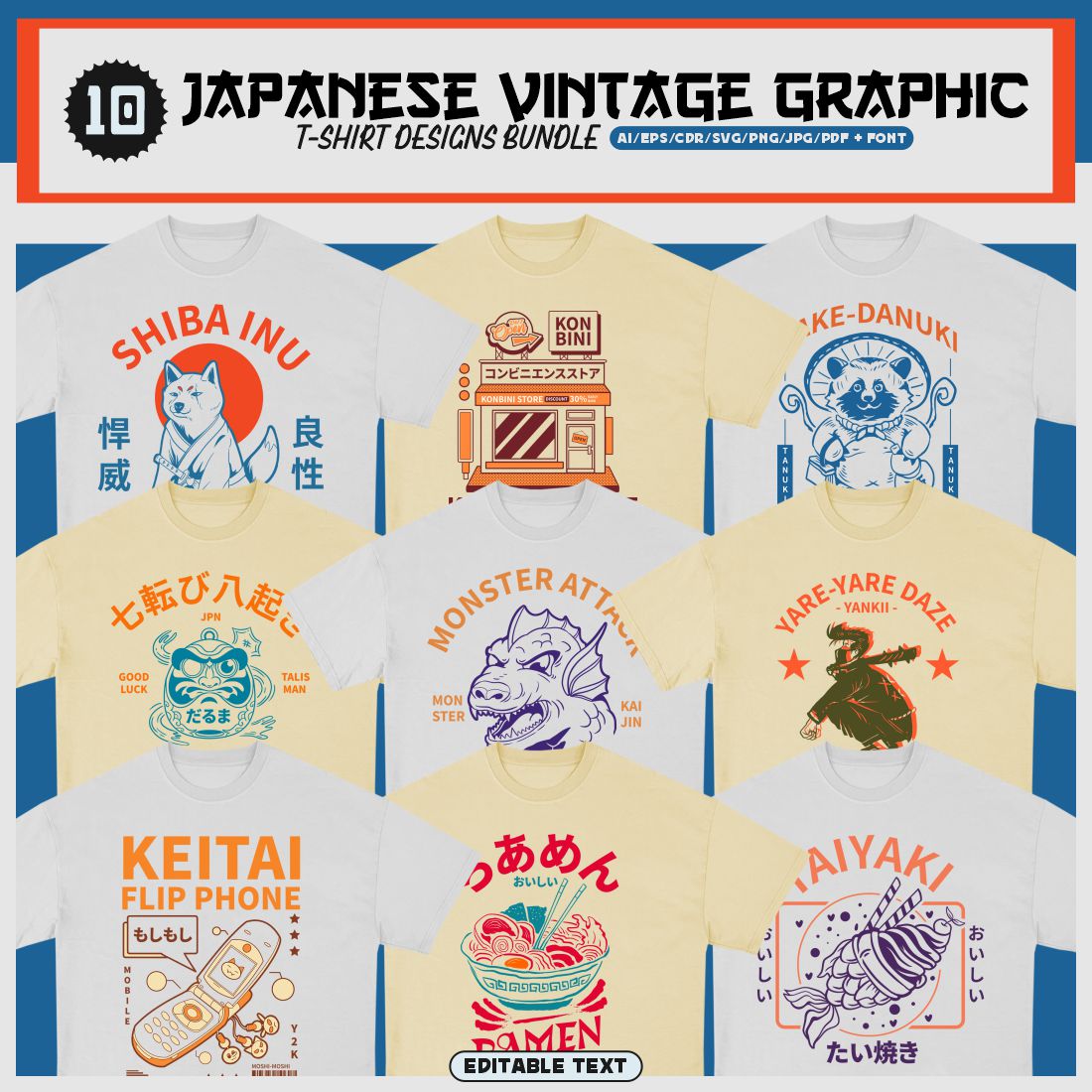 Japanese Vintage Graphic T-shirt Designs Bundle cover image.