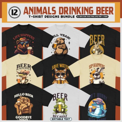 Animals Drinking Beer T-shirt Designs Bundle cover image.