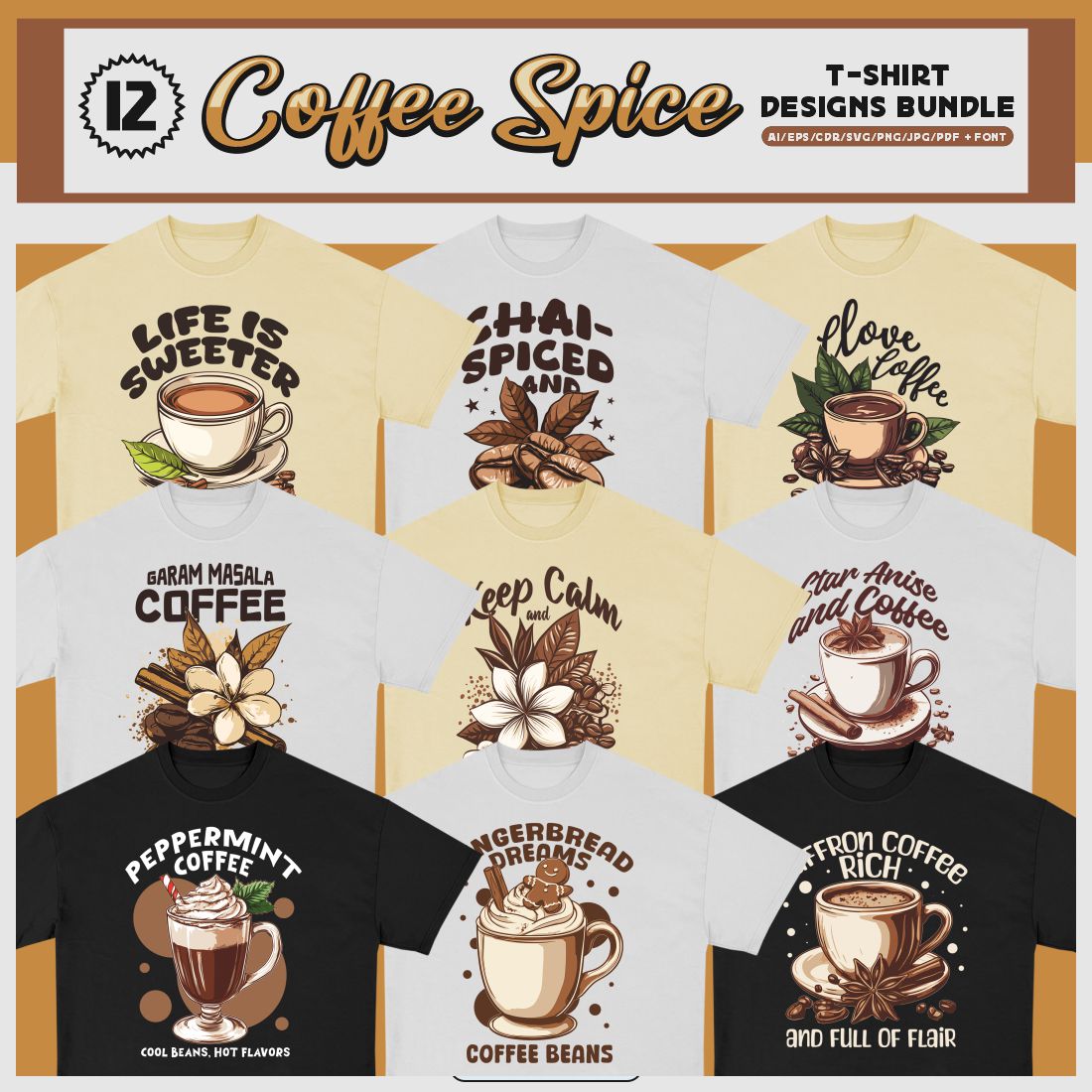 Coffee Spice T-shirt Designs Bundle cover image.