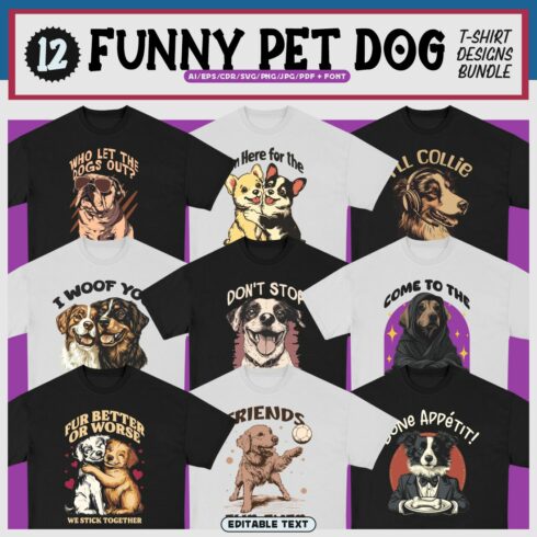 Funny Pet Dog T-shirt Designs Bundle cover image.