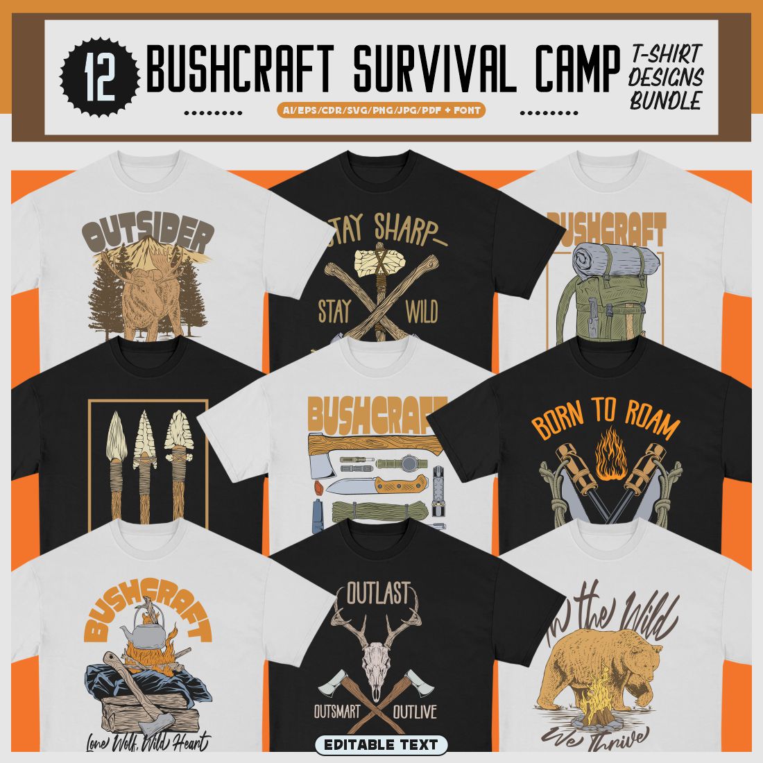 Bushcraft Survival Camp T-shirt Designs Bundle cover image.