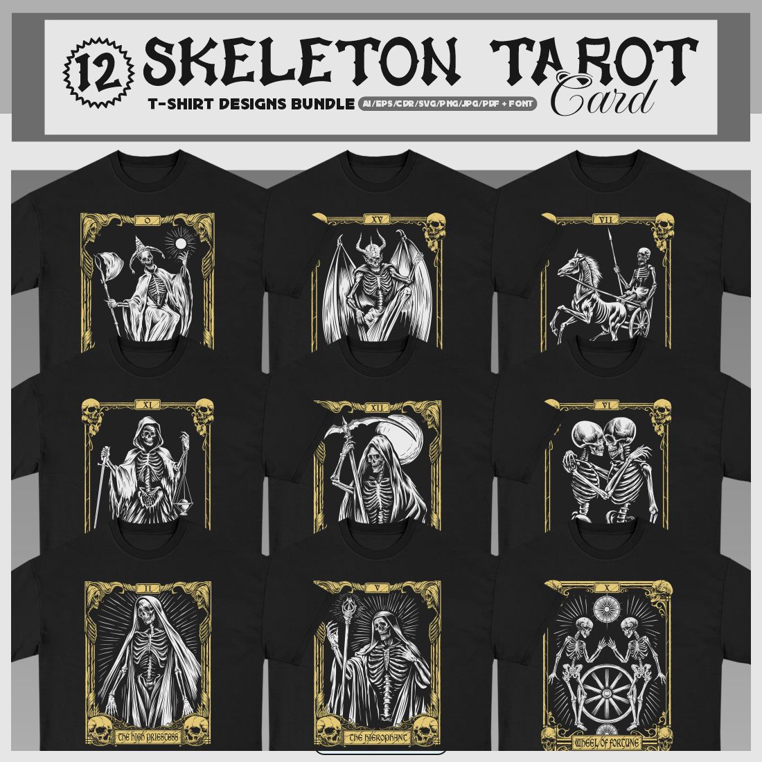 Skeleton Tarot Card T-shirt Designs Bundle cover image.