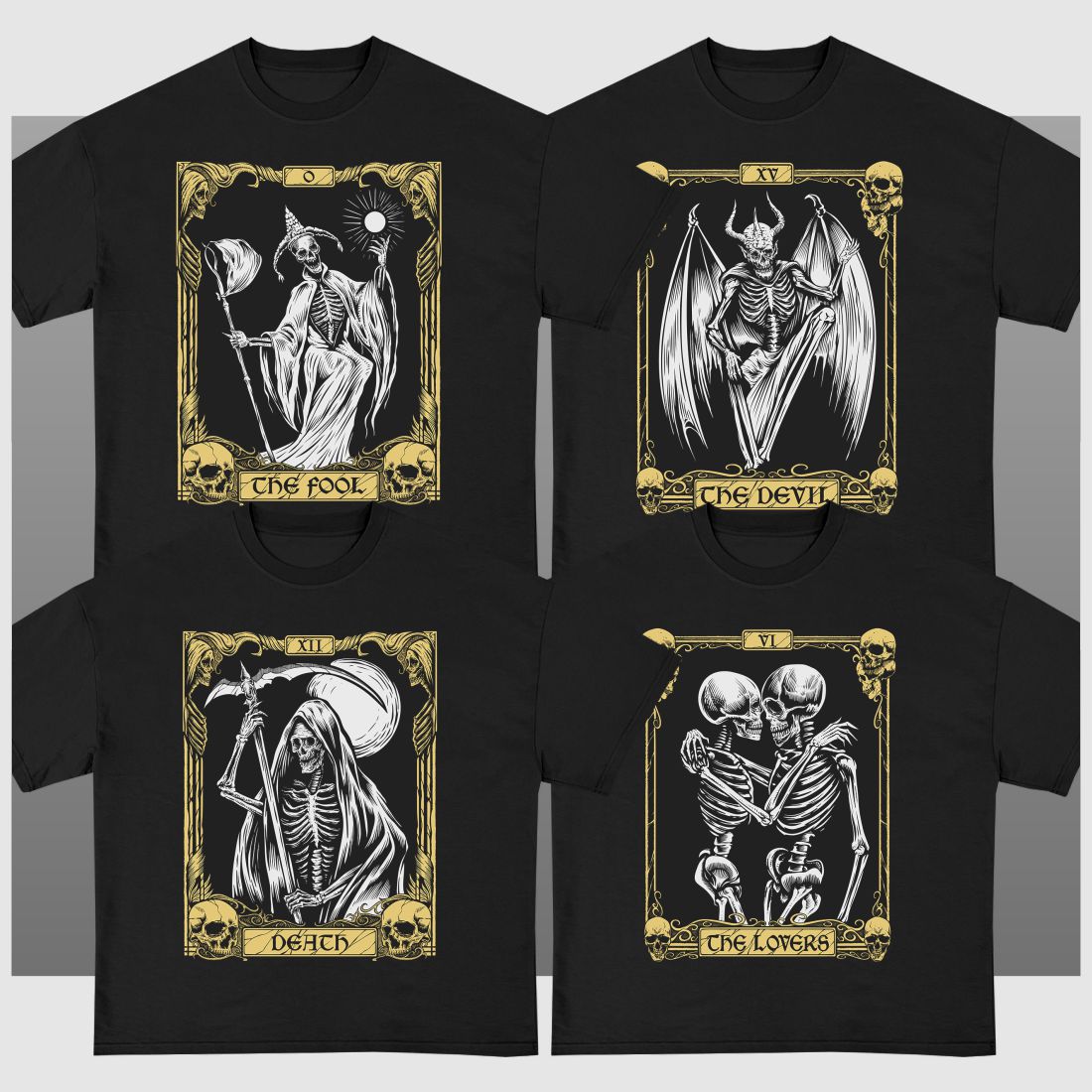 Skeleton Tarot Card T-shirt Designs Bundle preview image.