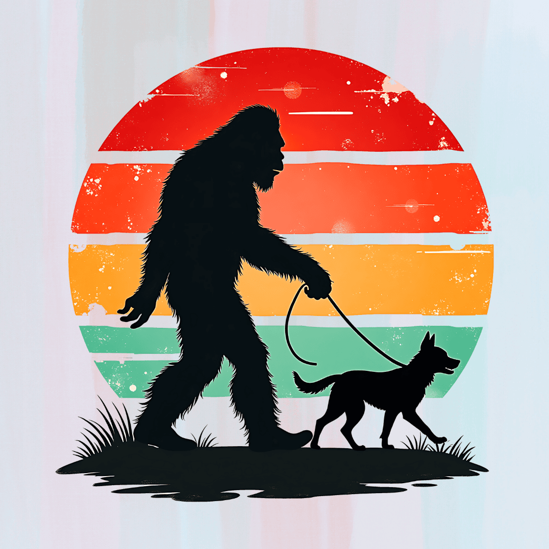 Bigfoot and Dog Walking at Sunset T-shirt Design preview image.