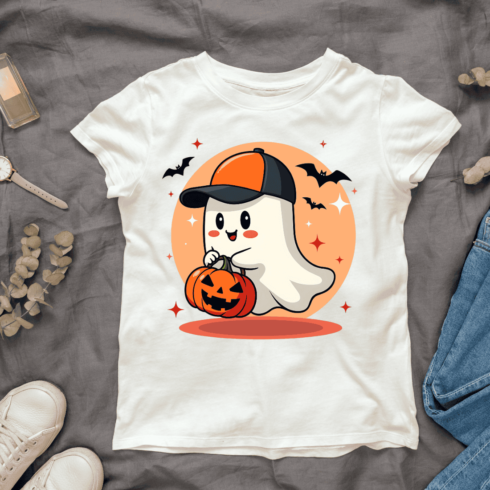 Spooky Ghost with Pumpkin T-shirt Design cover image.