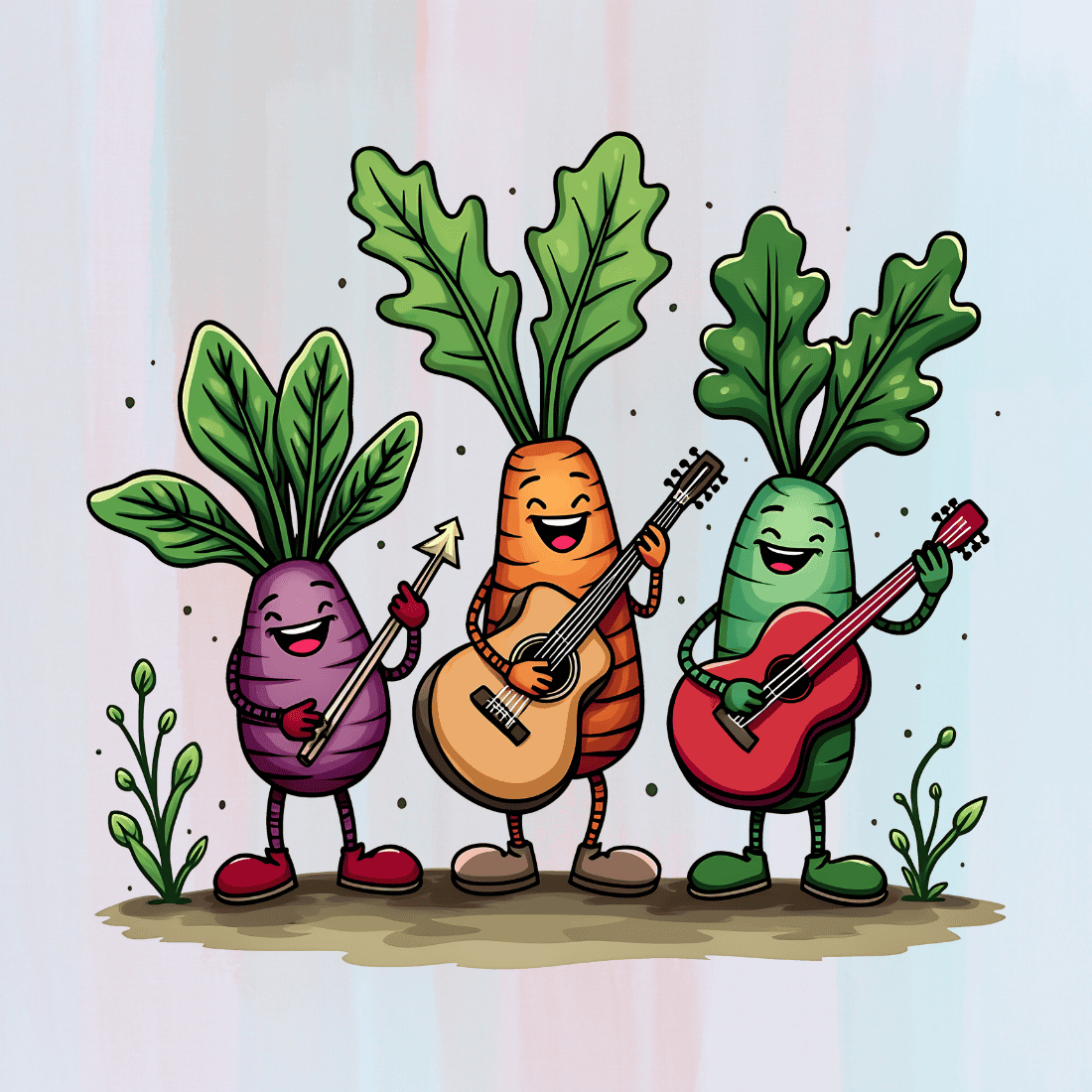 Happy Vegetable Musicians T-Shirt Design preview image.