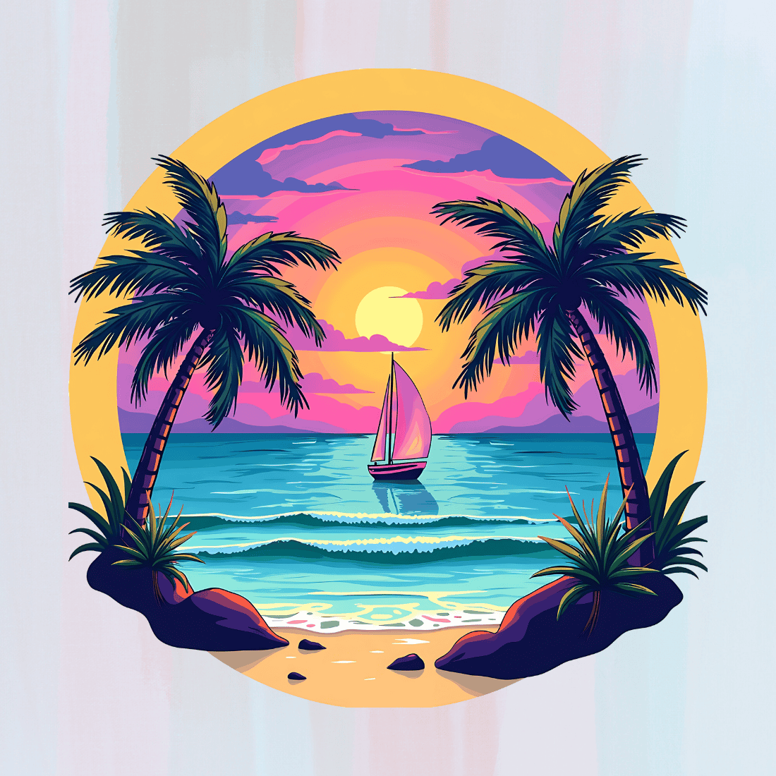 Tropical Sunset Beach T-shirt Design preview image.