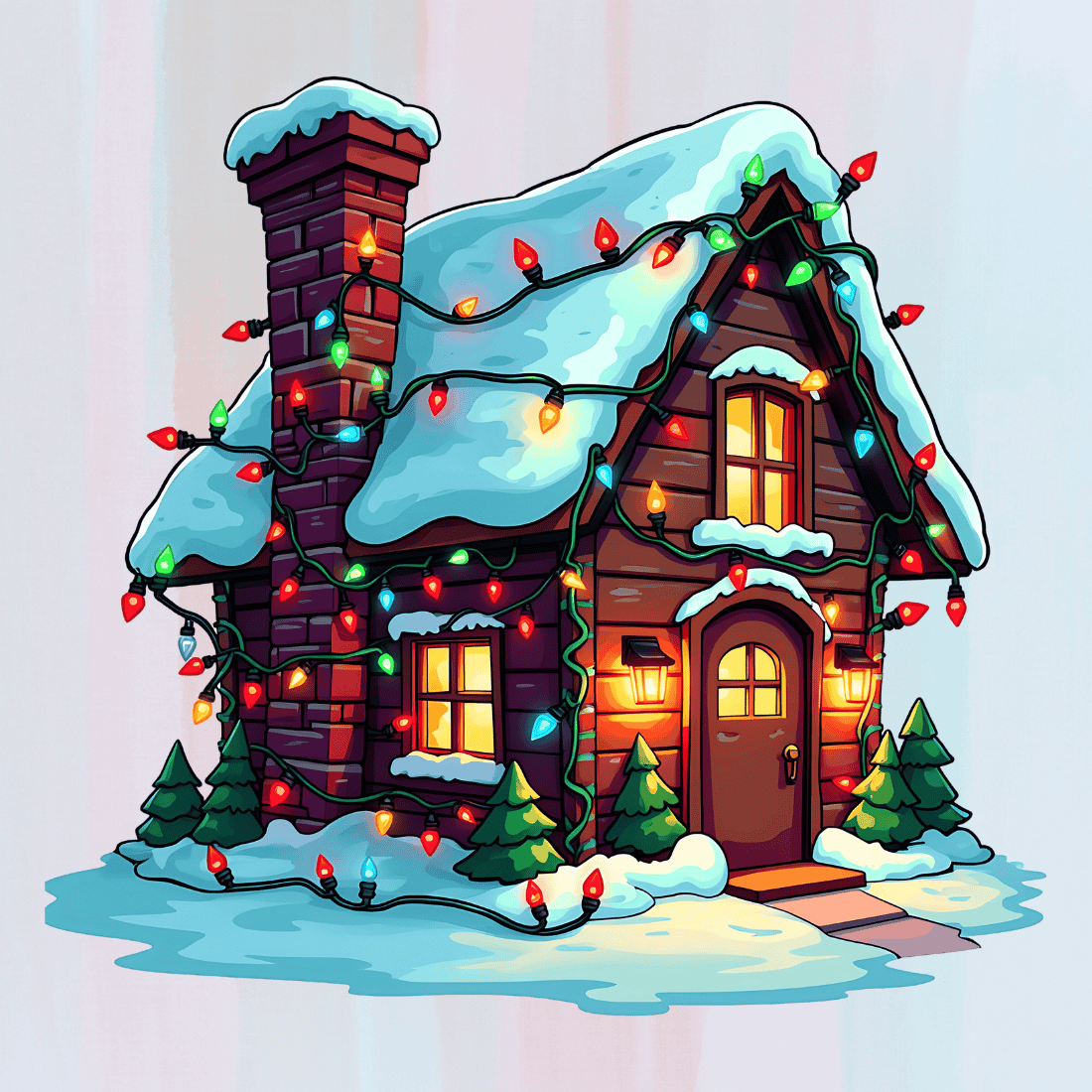 Snowy Winter Cottage T-shirt Design preview image.