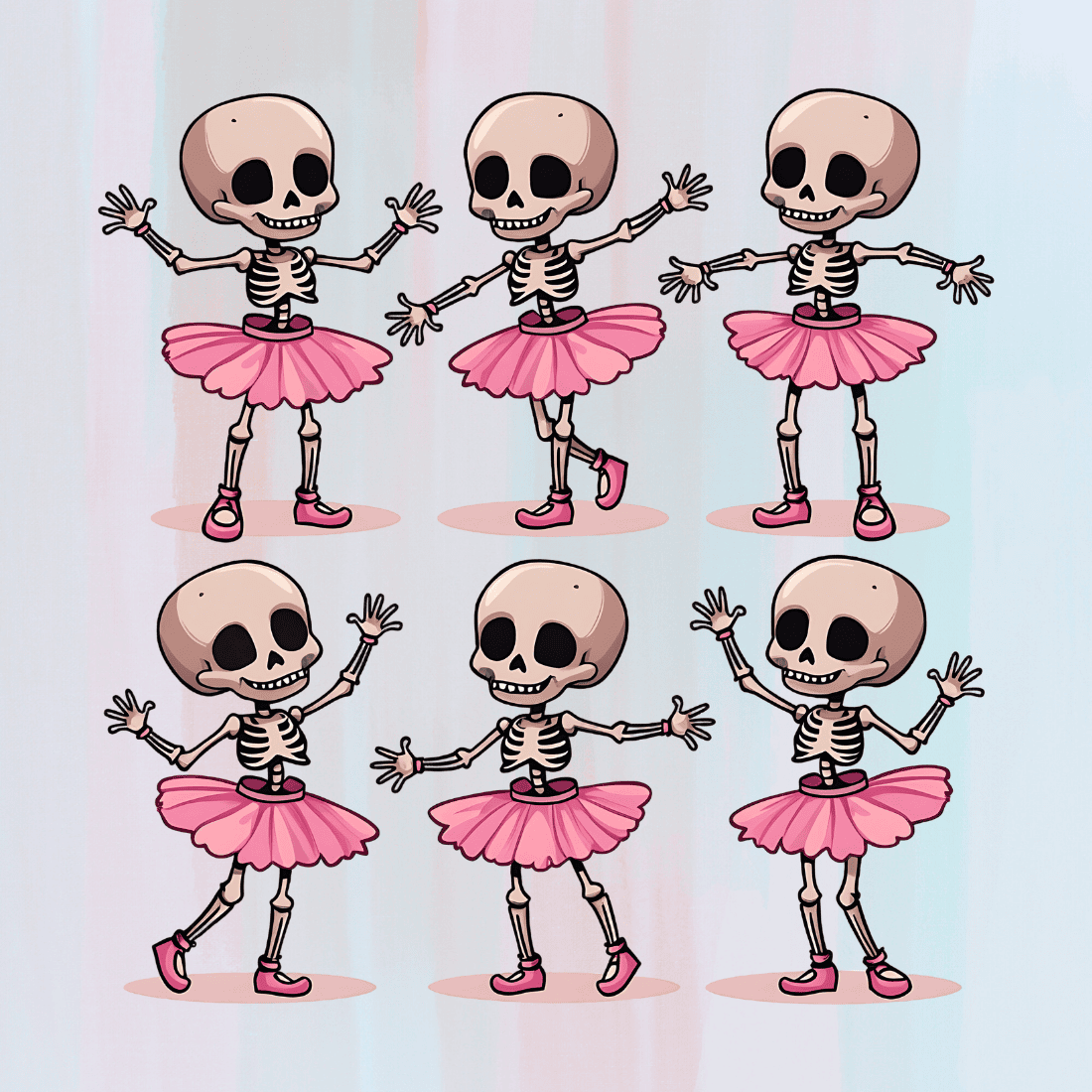 Cartoon Skeleton Ballet Dancers in Pink Skirts T-shirt Design preview image.