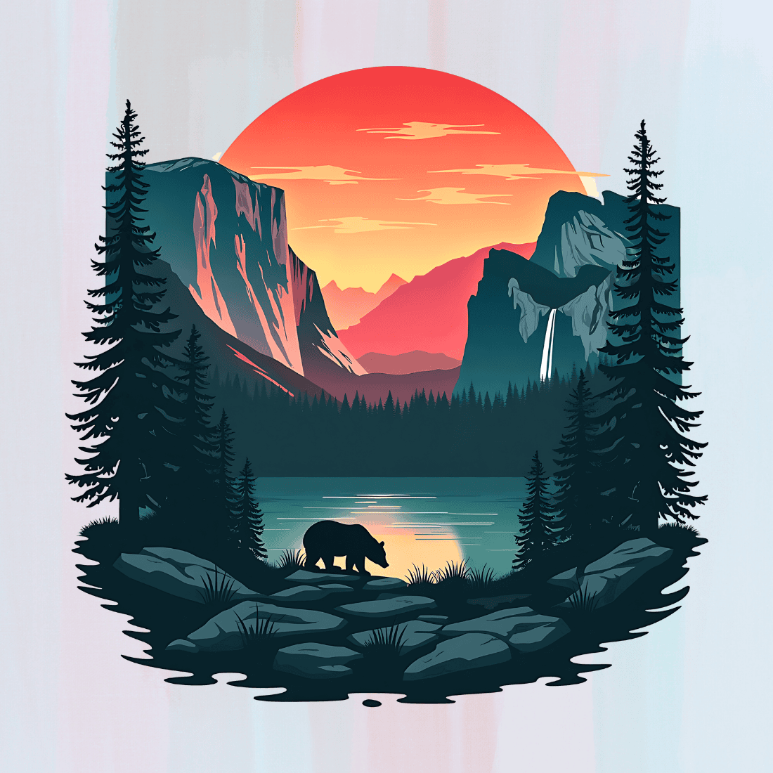 Bear and Mountains at Sunset T-shirt Design preview image.