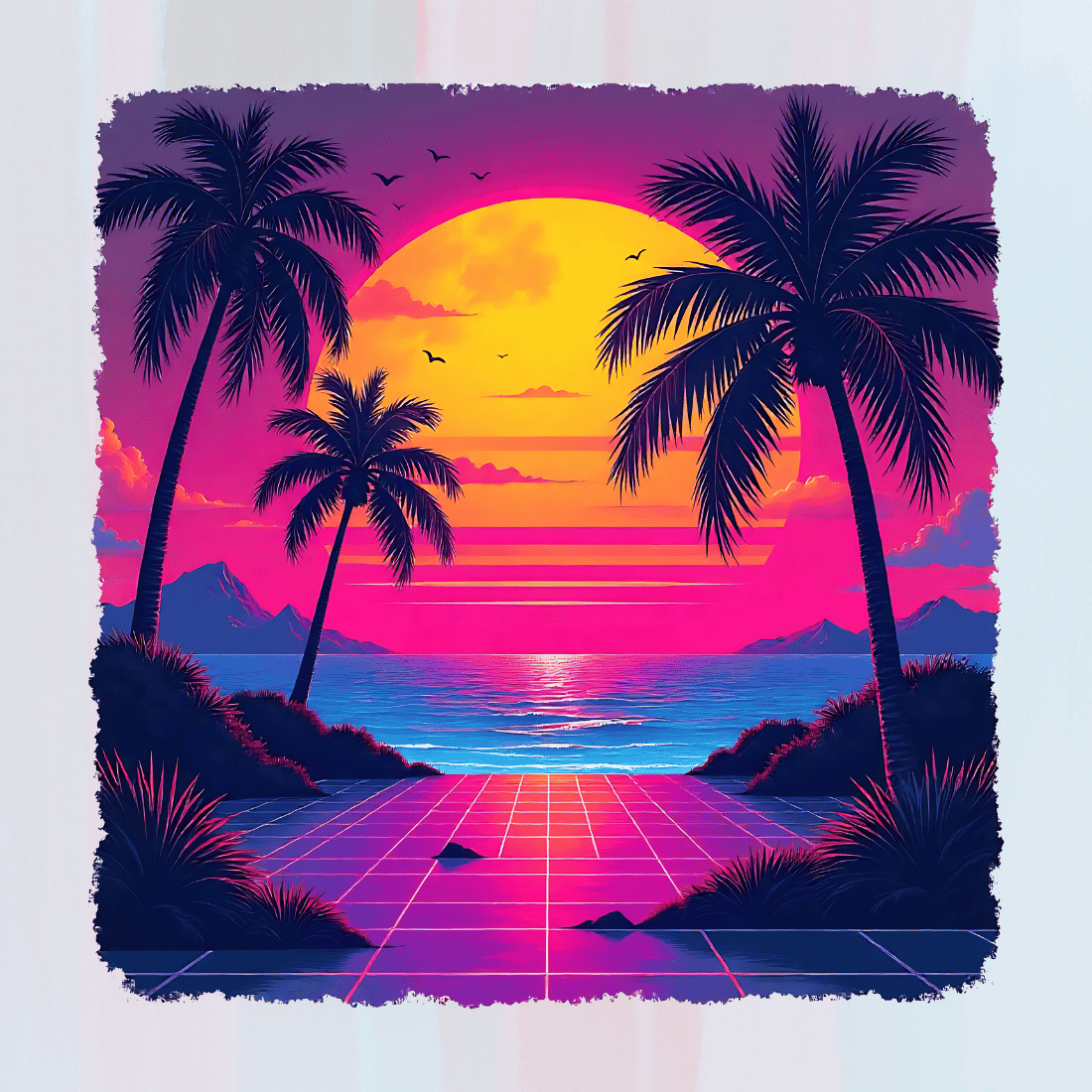 Neon Beach Sunset T-Shirt Design preview image.