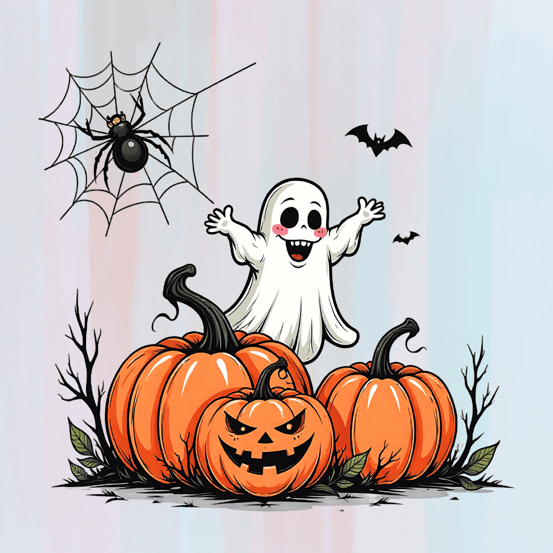 Cute Ghost and Pumpkins T-shirt Design preview image.