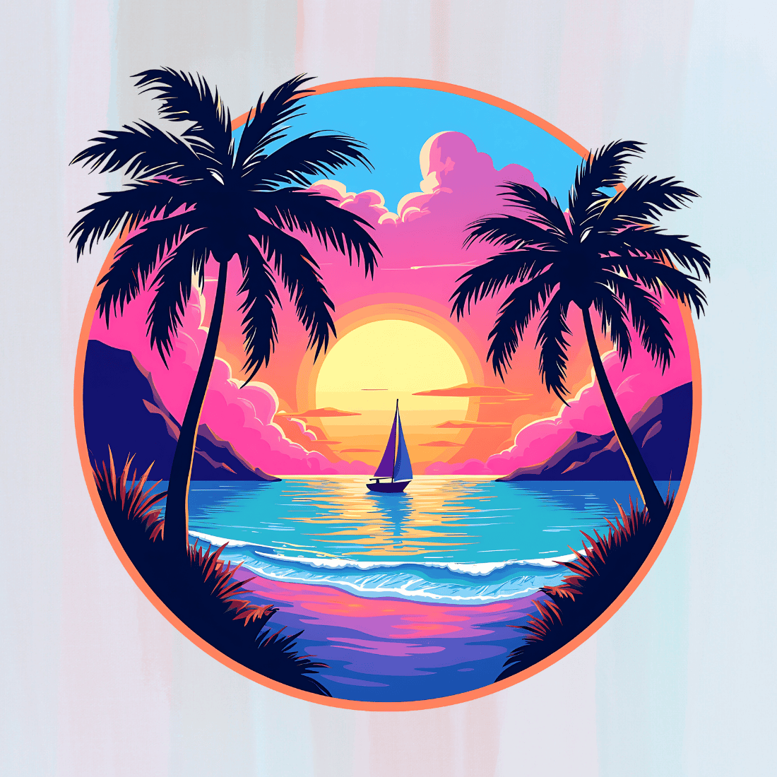 Sunset Beach with Palm Trees T-shirt Design preview image.