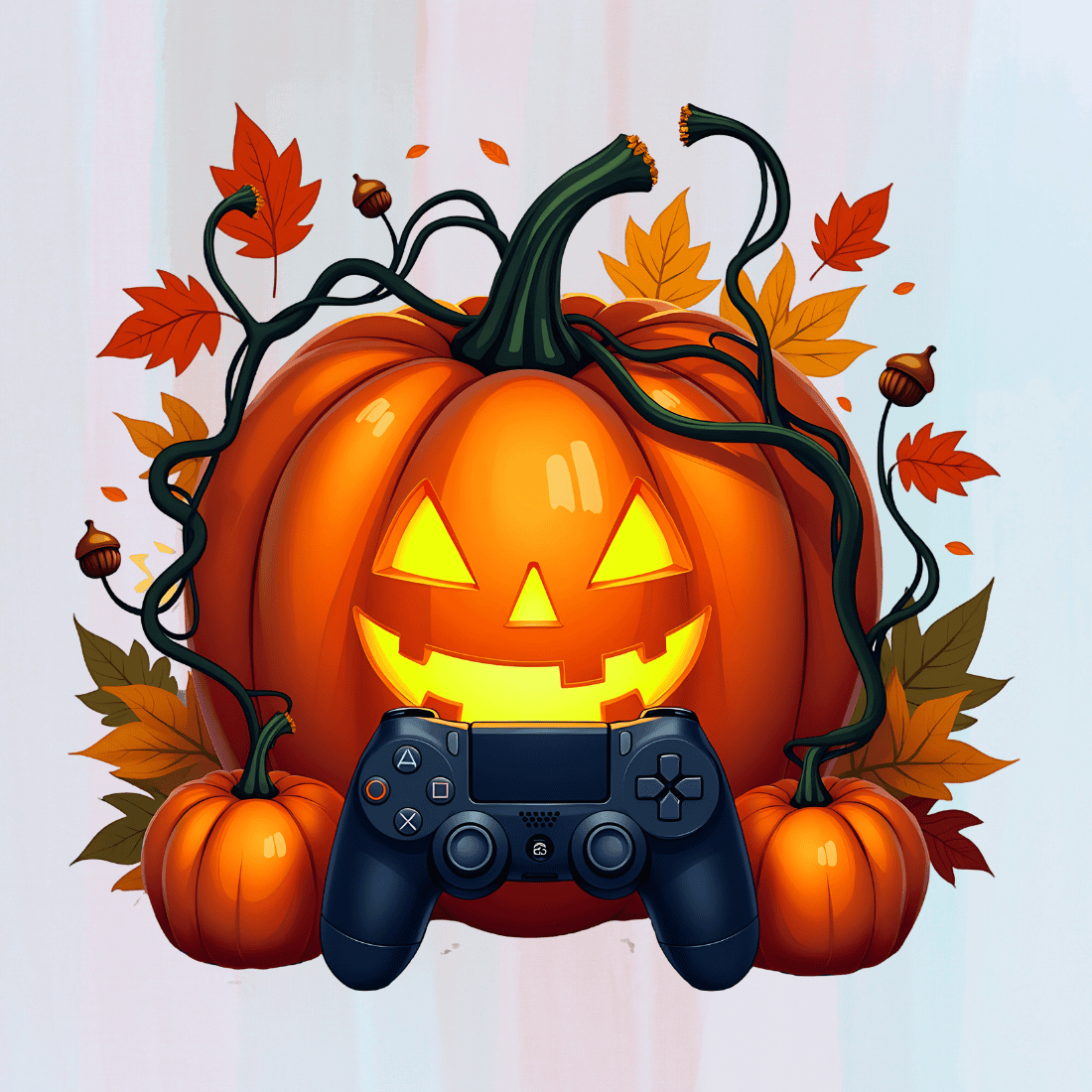 Cute Pumpkin and Controller T-shirt Design preview image.