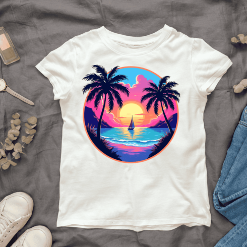 Sunset Beach with Palm Trees T-shirt Design cover image.