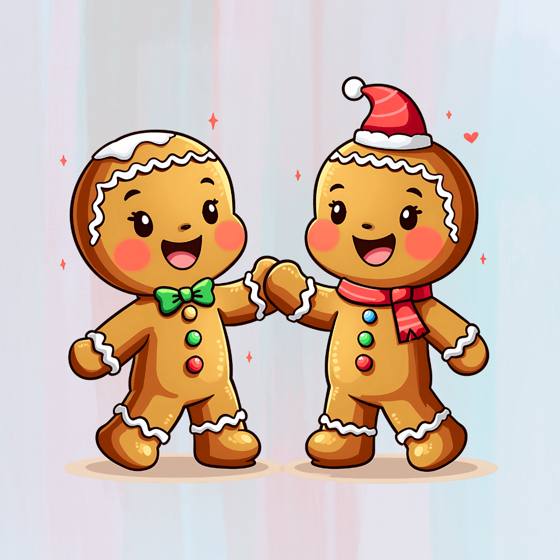 Cute Gingerbread Characters Holding Hands T-shirt Design preview image.