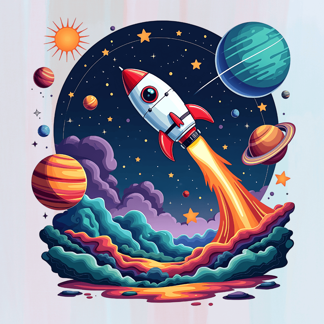 Colorful Space Scene with Planets T-shirt Design preview image.