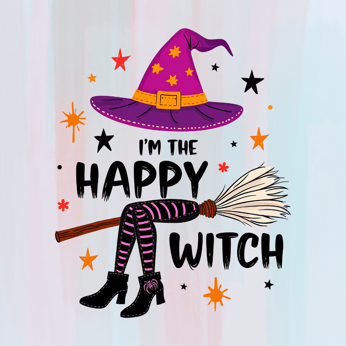 Witch with Broom and Hat T-shirt Design preview image.