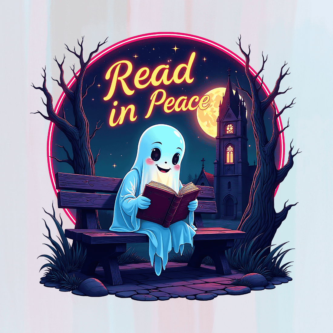 Ghostly Nighttime Reader T-shirt Design preview image.