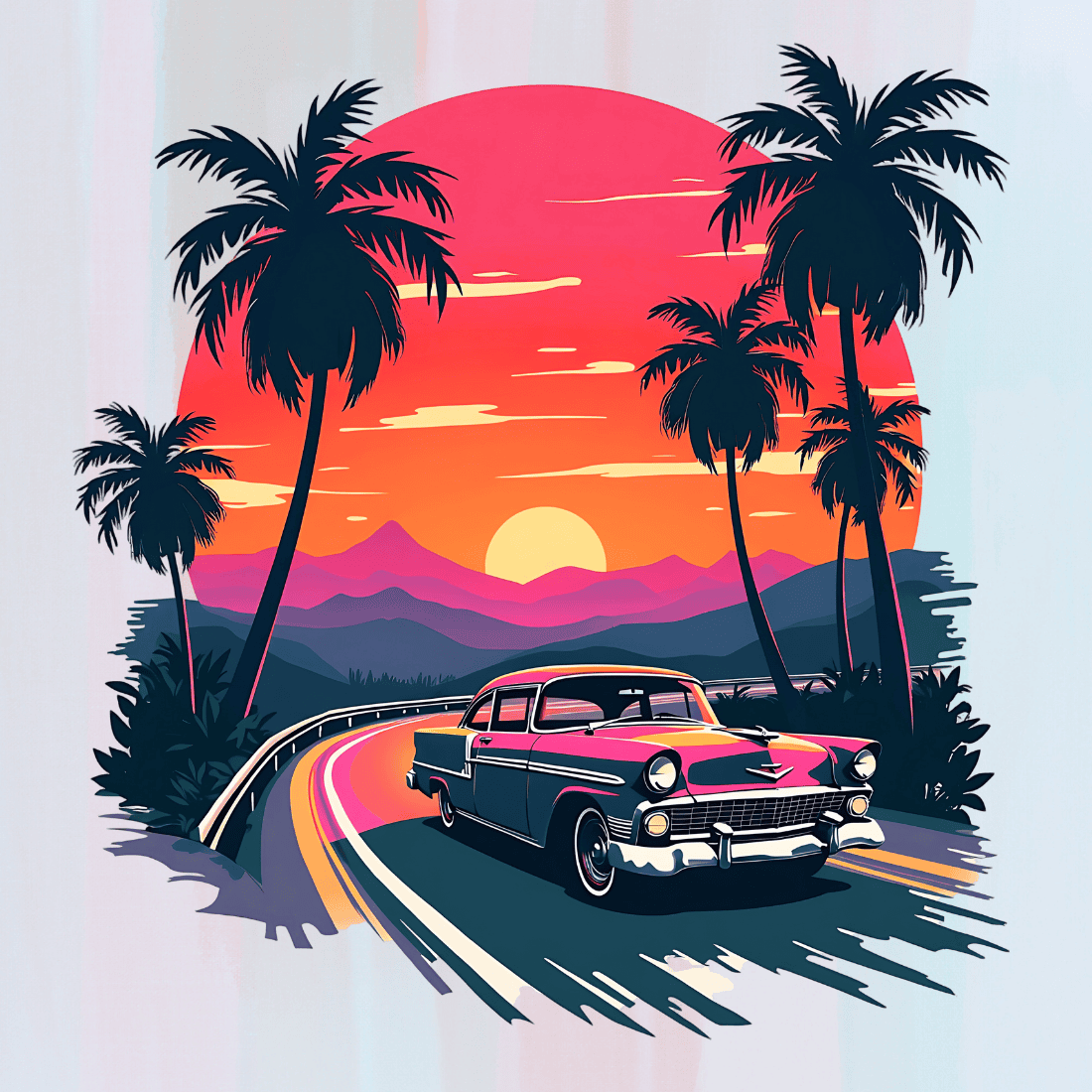 Retro Car and Sunset Palm Trees T-shirt Design preview image.