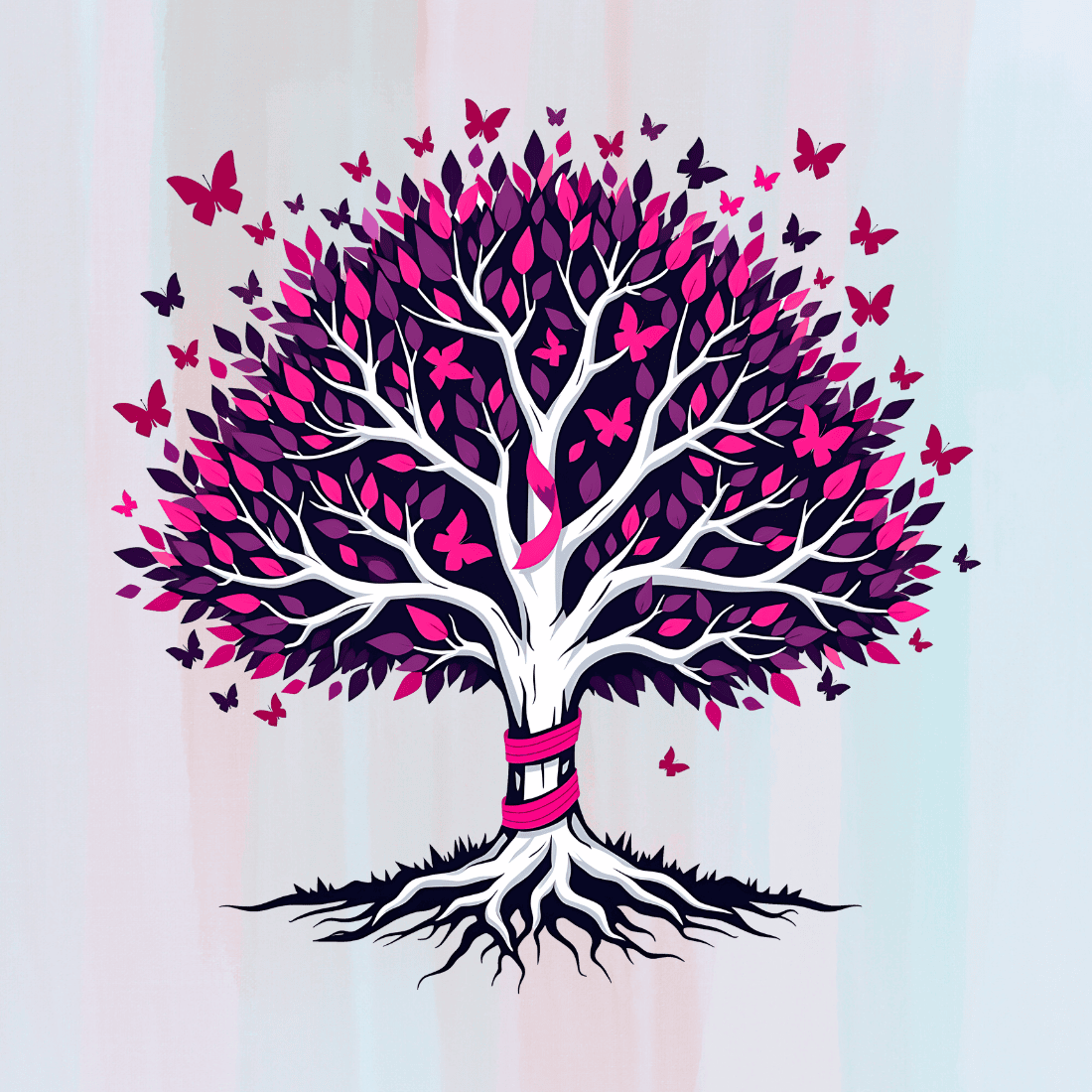 Pink Butterfly Tree with Ribbon T-shirt Design preview image.