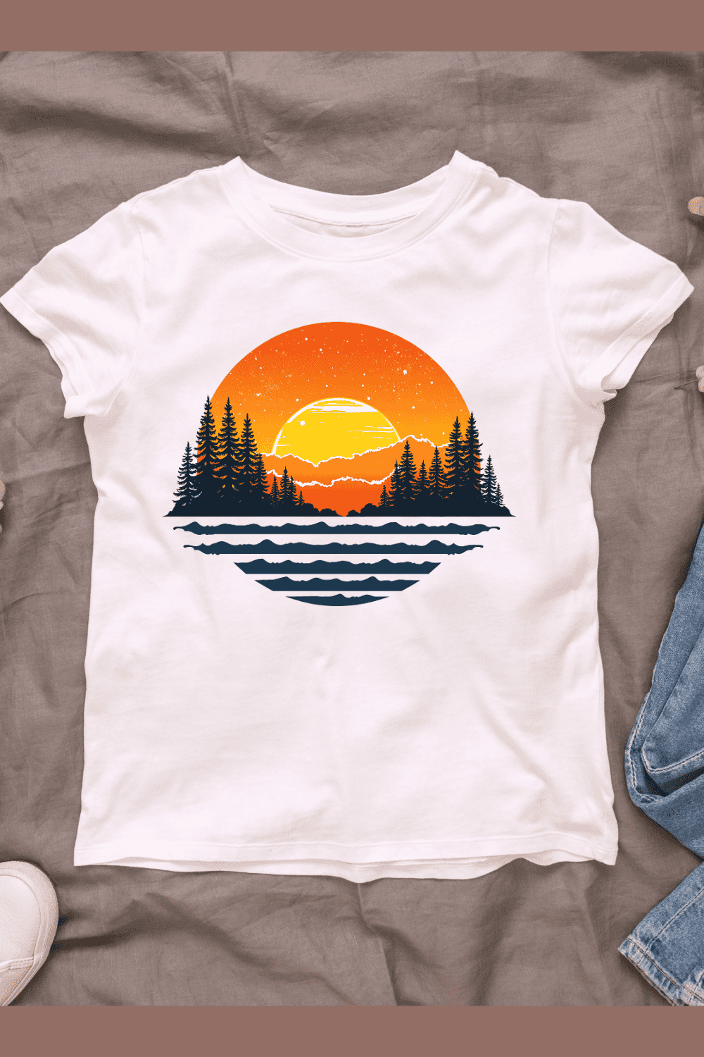 Sunset Forest Landscape T-shirt Design pinterest preview image.