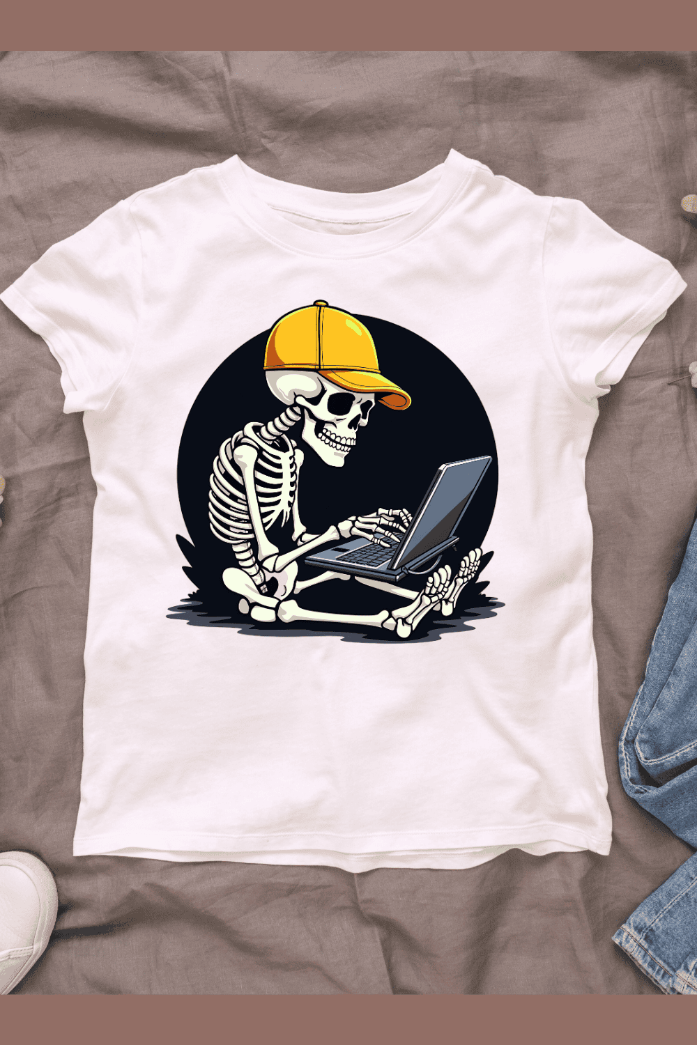 Skeleton Using Laptop T-shirt Design pinterest preview image.