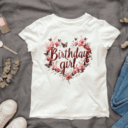 Pink Birthday Girl with Butterflies T-shirt Design cover image.