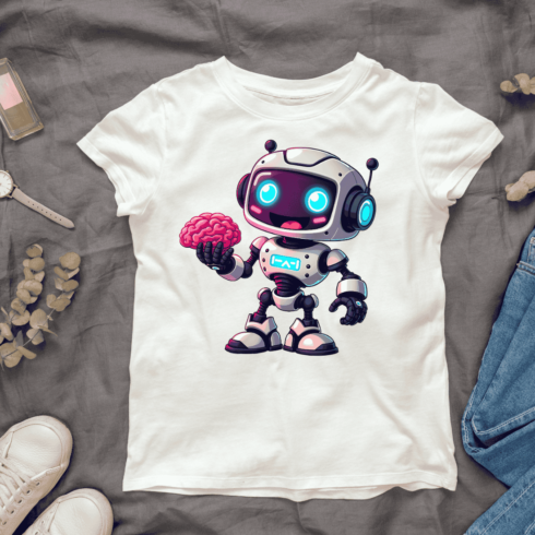 Robot Holding a Brain T-shirt Design cover image.