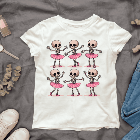 Cartoon Skeleton Ballet Dancers in Pink Skirts T-shirt Design cover image.