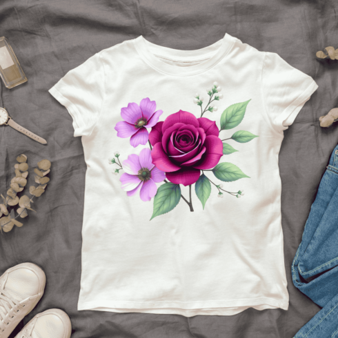 Pink Rose and Cosmos T-shirt Design cover image.