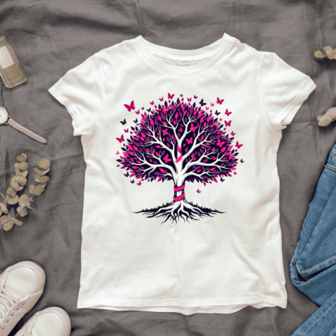 Pink Butterfly Tree with Ribbon T-shirt Design cover image.