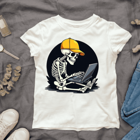 Skeleton Using Laptop T-shirt Design cover image.