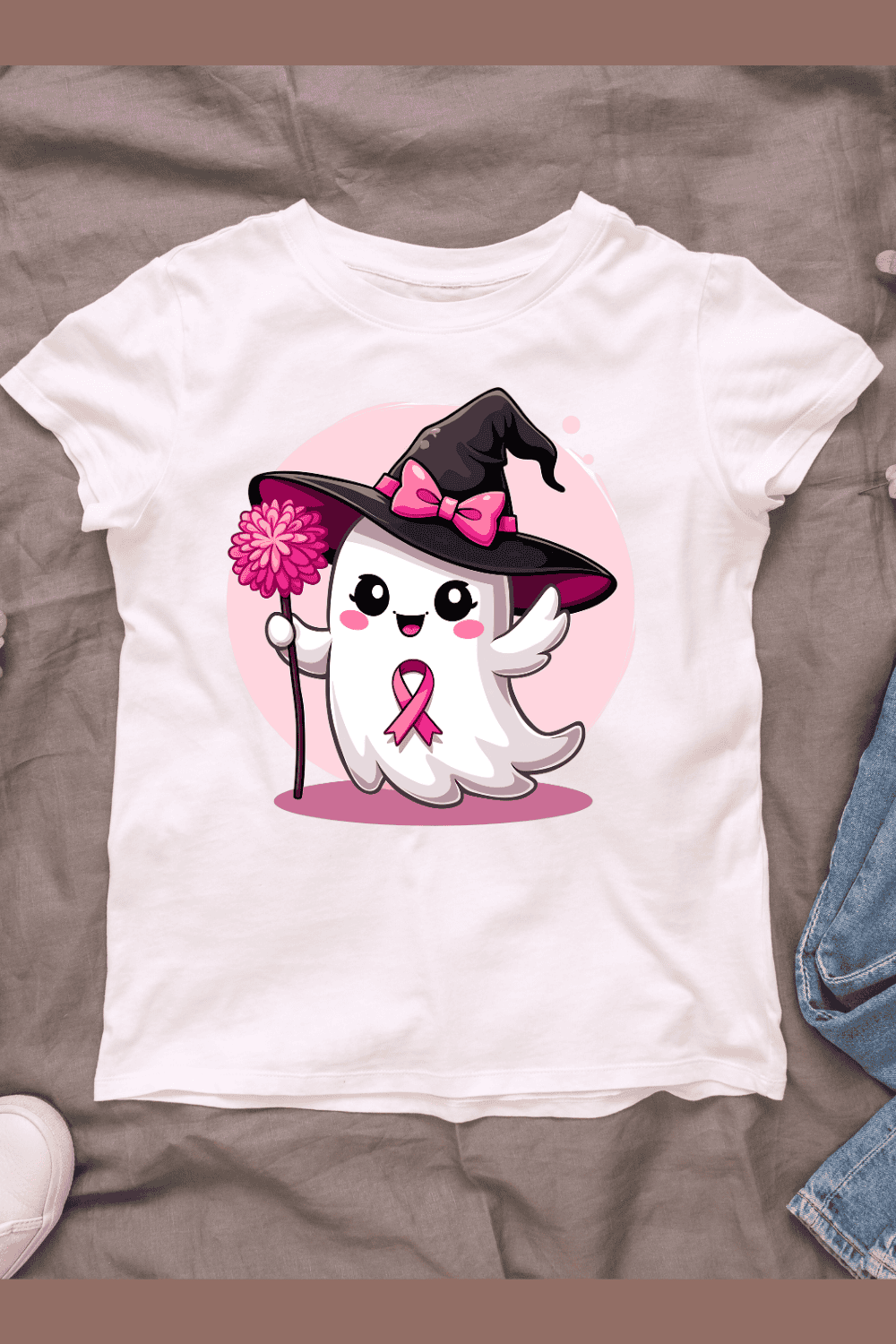 Pink Ribbon Ghost T-shirt Design pinterest preview image.