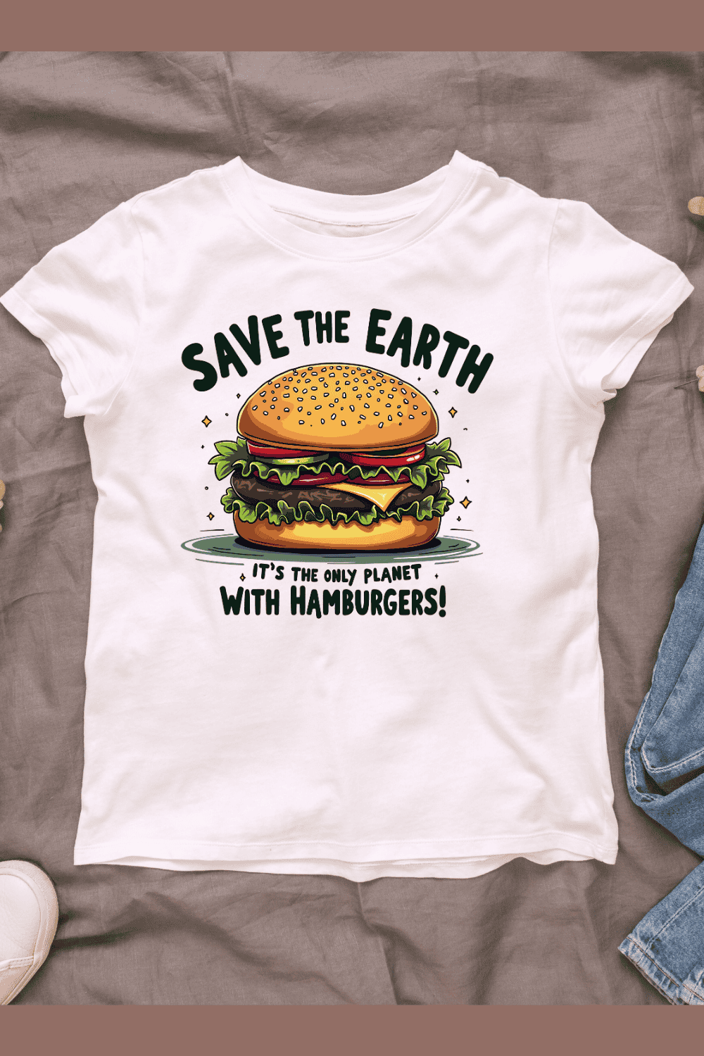 Hamburger with Earth T-shirt Design pinterest preview image.