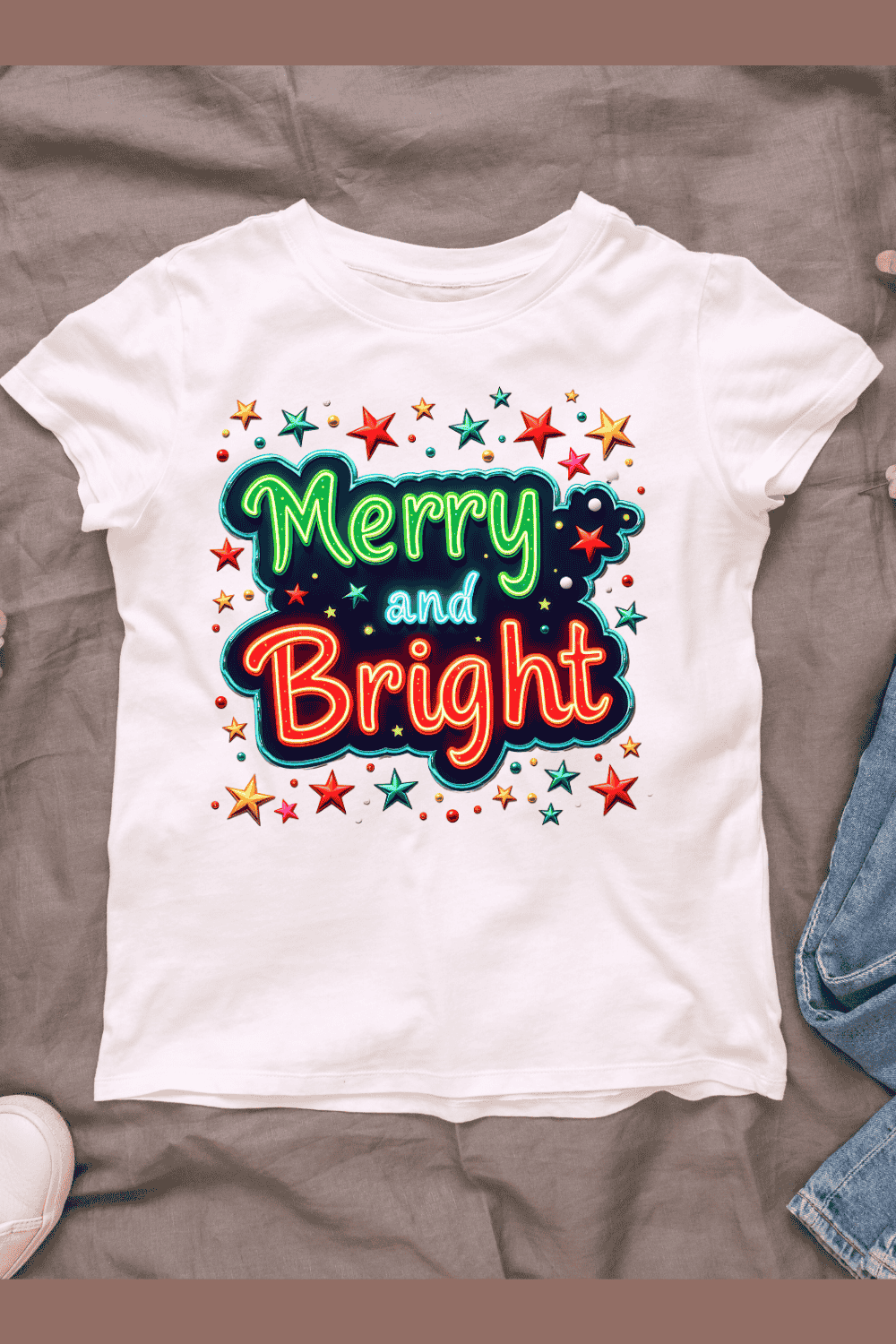 Merry and Bright Neon Sign T-shirt Design pinterest preview image.