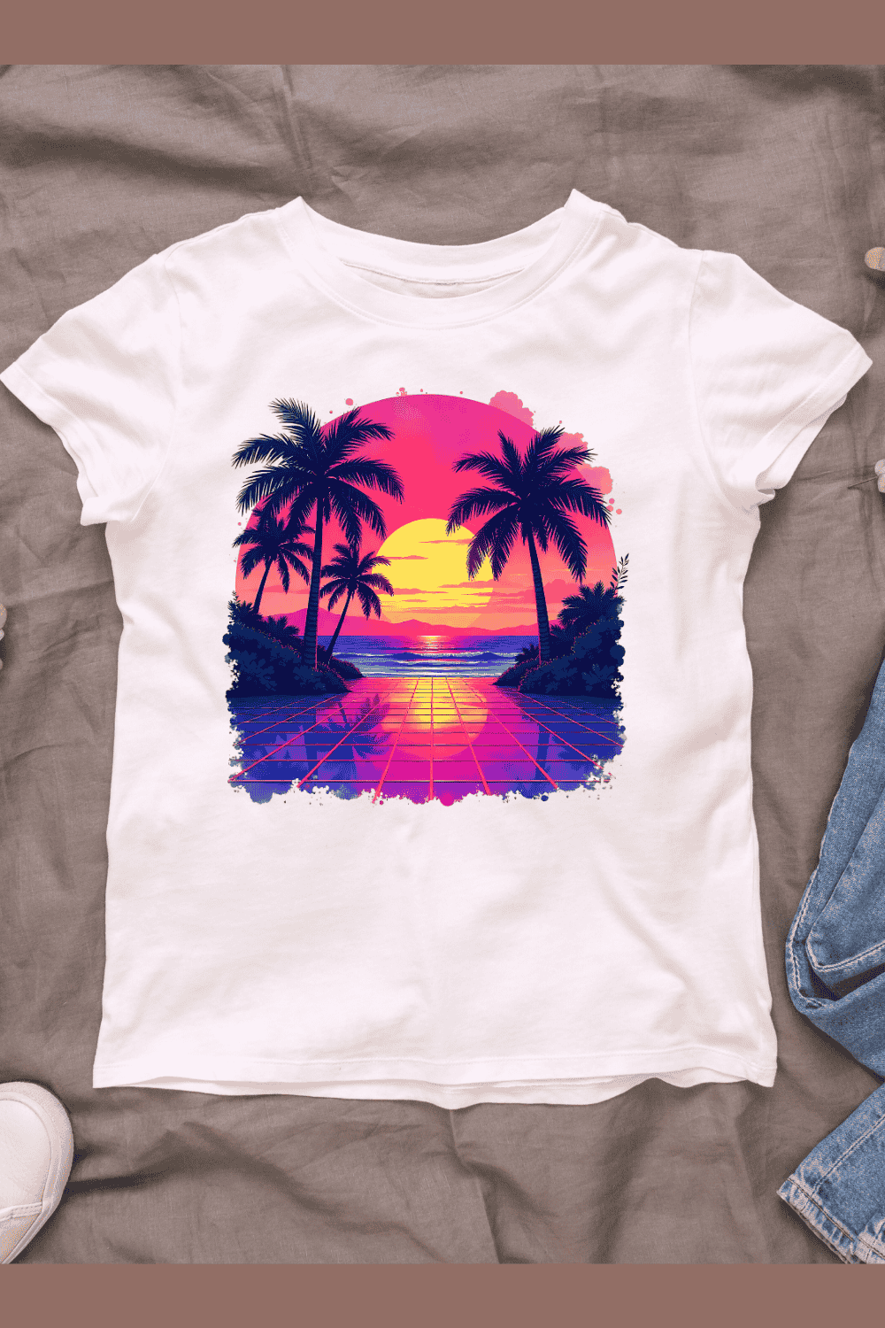 Retro Sunset Beach T-Shirt Design pinterest preview image.