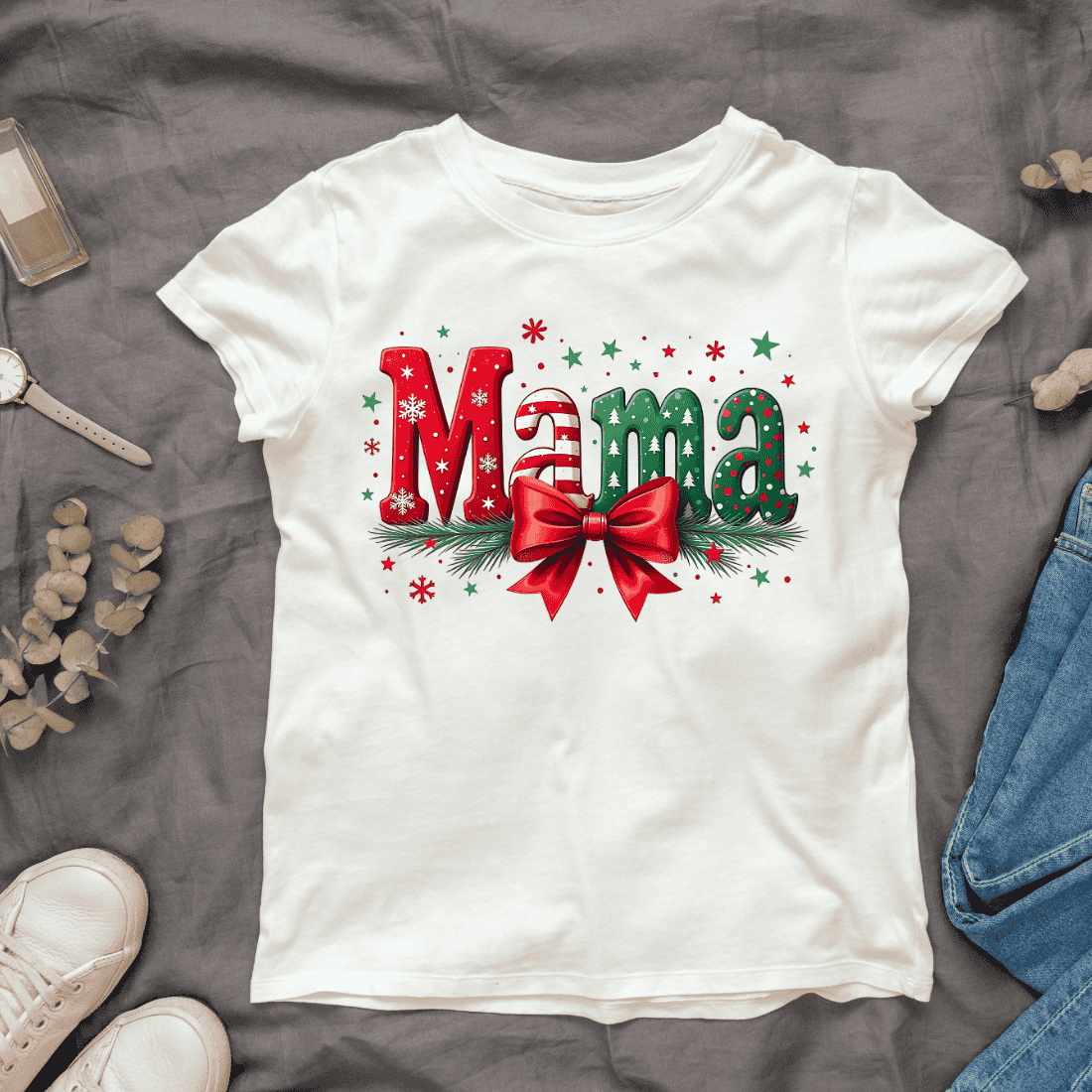 Festive Holiday Mama Typography T-shirt Design cover image.