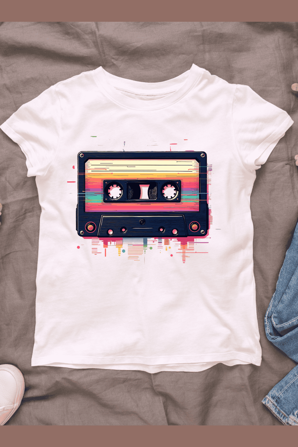 Retro Cassette Tape with Rainbow T-shirt Design pinterest preview image.