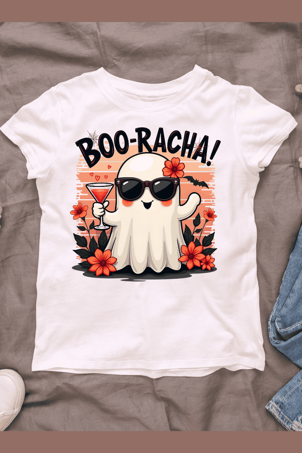 Boo-Racha! Ghost with Cocktail T-shirt Design pinterest preview image.