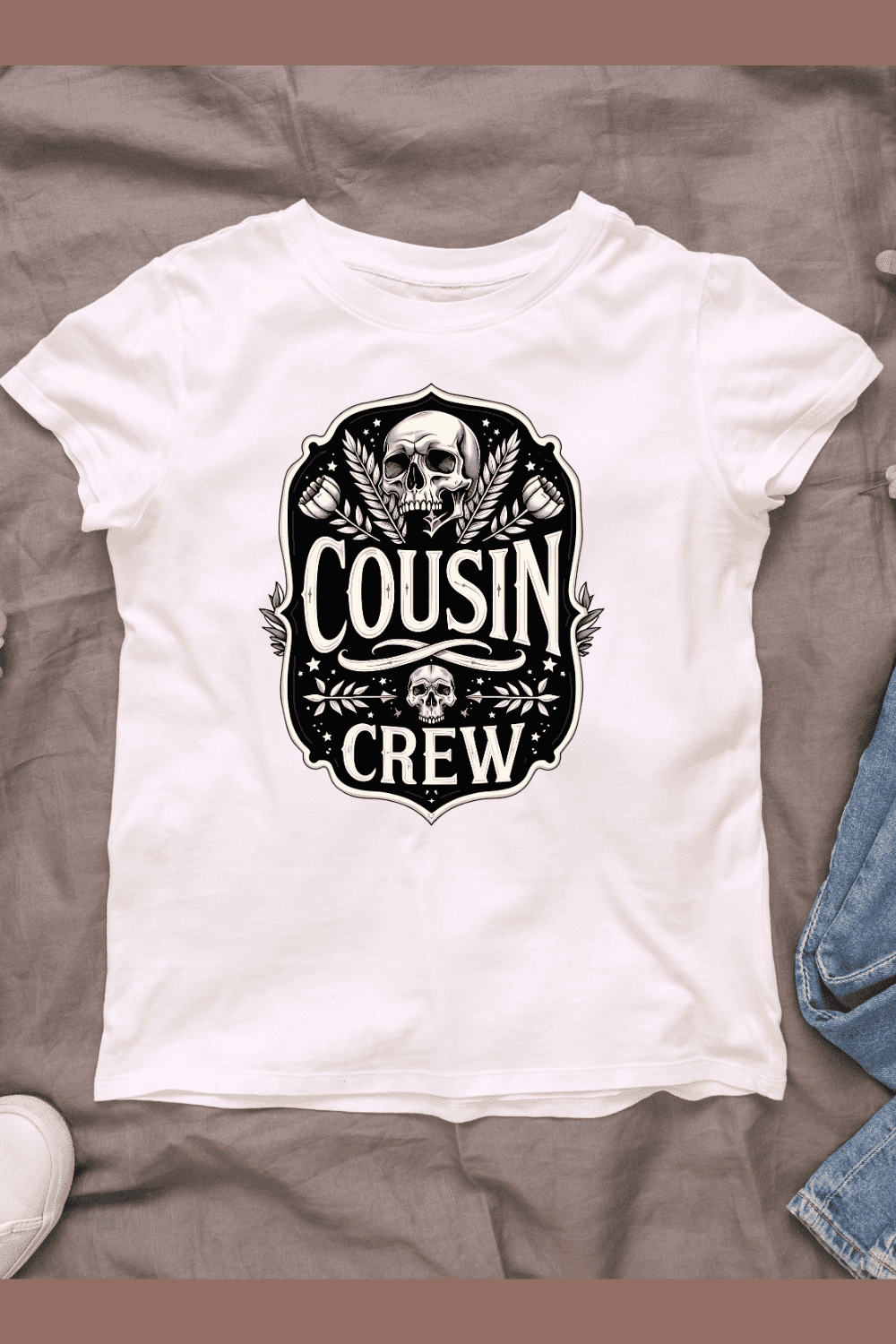 Skull with Cousin Crew Text T-shirt Design pinterest preview image.