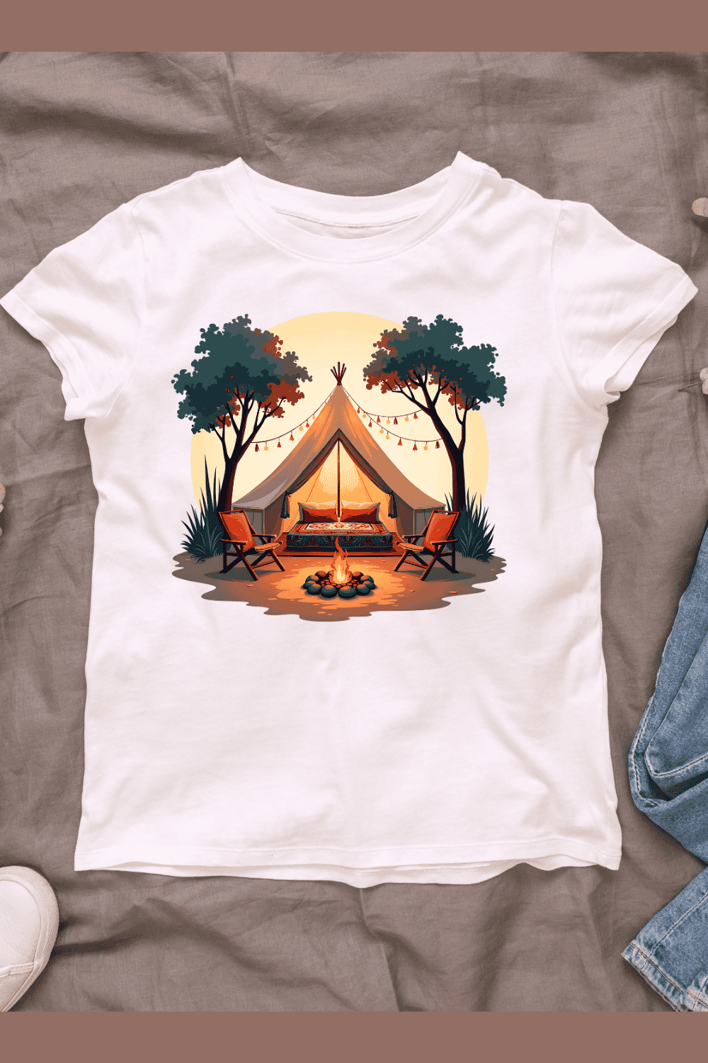 Camping Tent and Firepit T-shirt Design pinterest preview image.