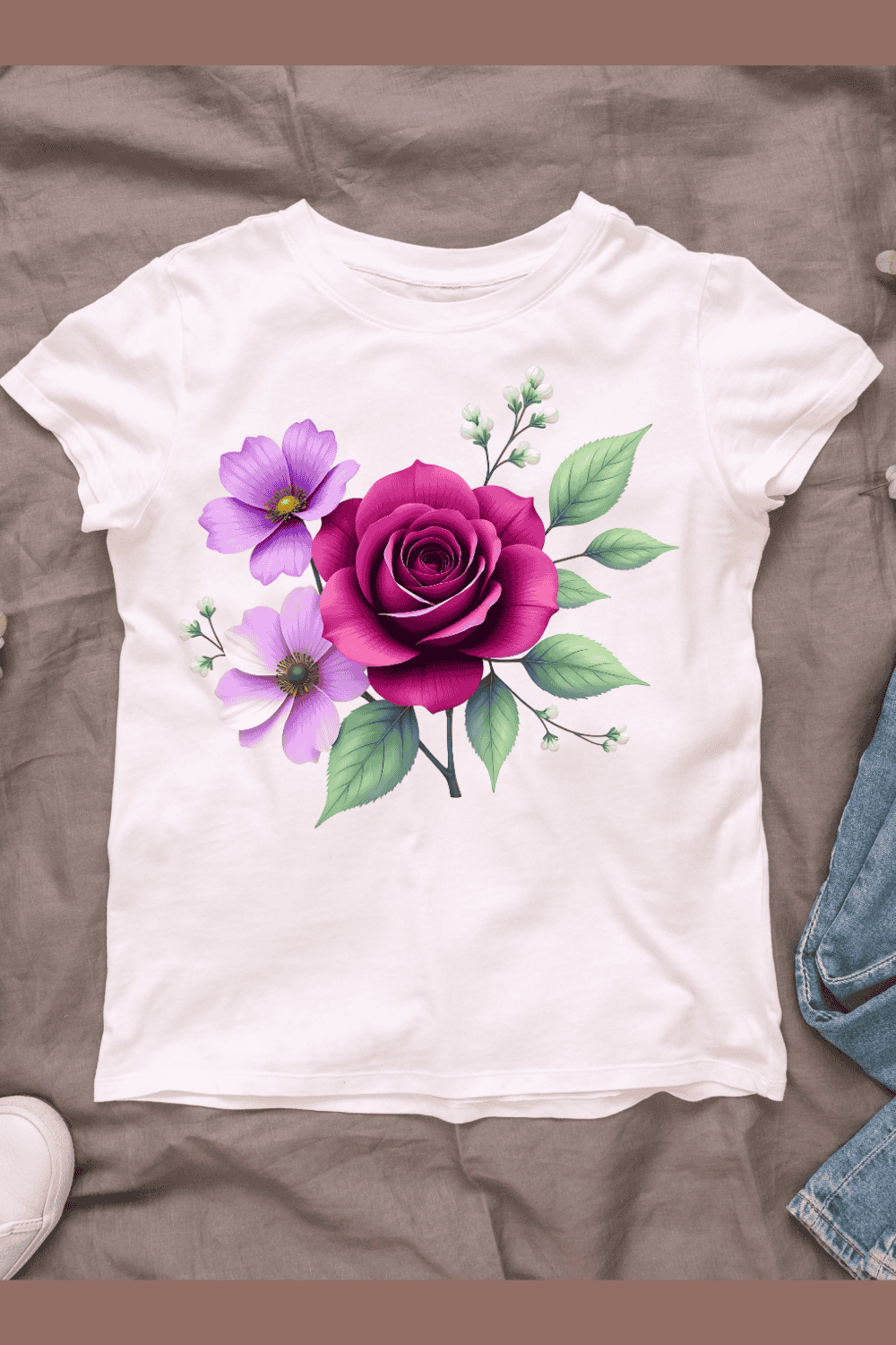 Pink Rose and Cosmos T-shirt Design pinterest preview image.