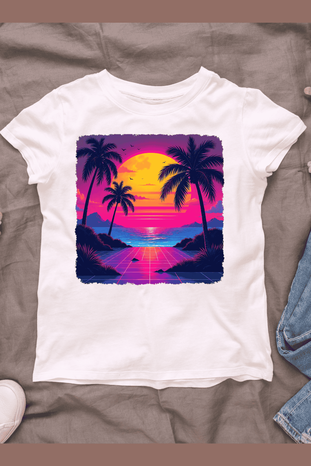 Neon Beach Sunset T-Shirt Design pinterest preview image.