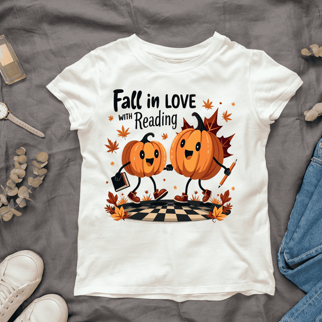 Fall in Love with Reading T-shirt Design cover image.