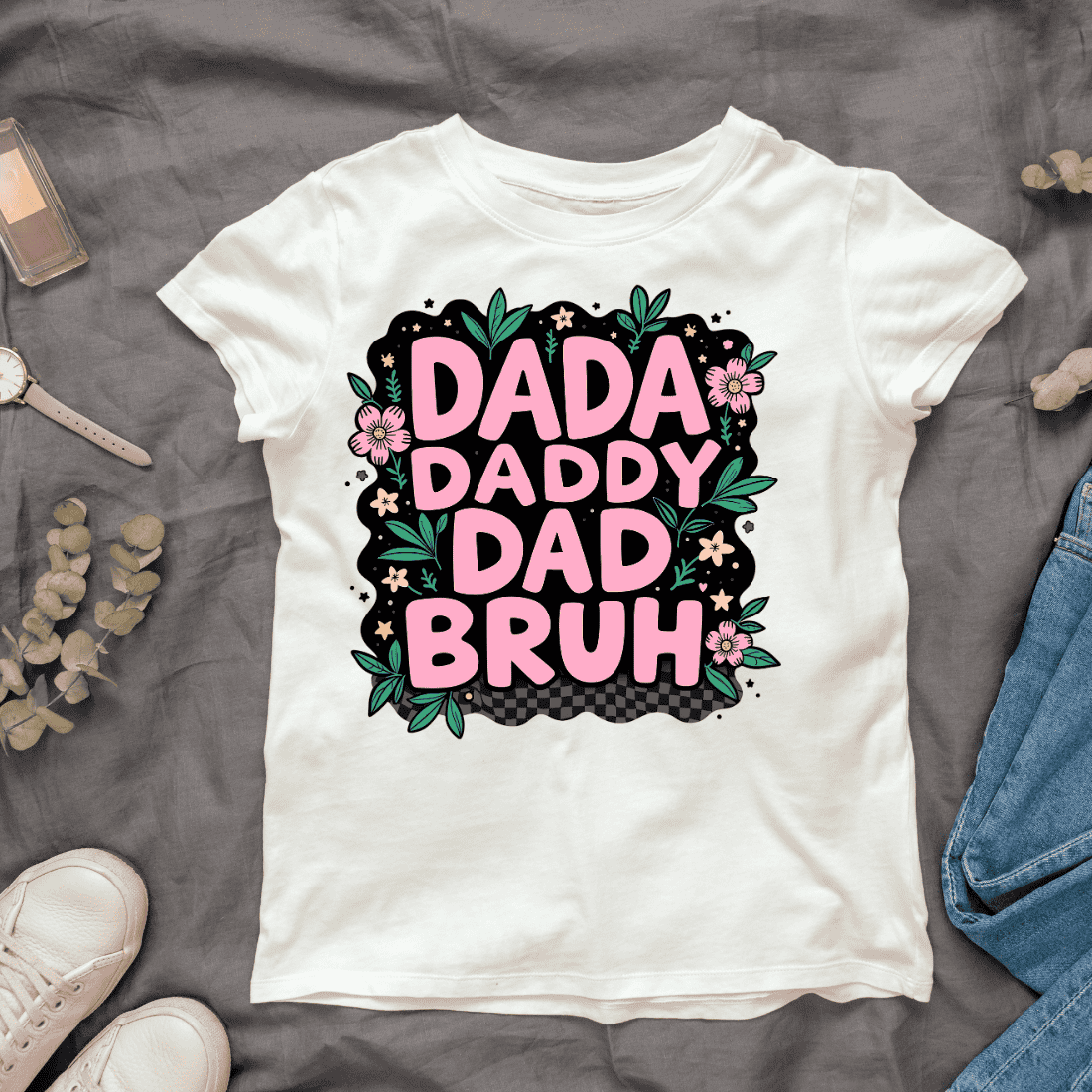 Cute Dad Words with Flowers T-shirt Design cover image.